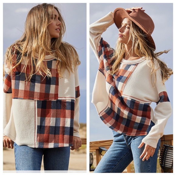 11 Boho Plaid Fabric Contrast Knit Top - Picture 2 of 5